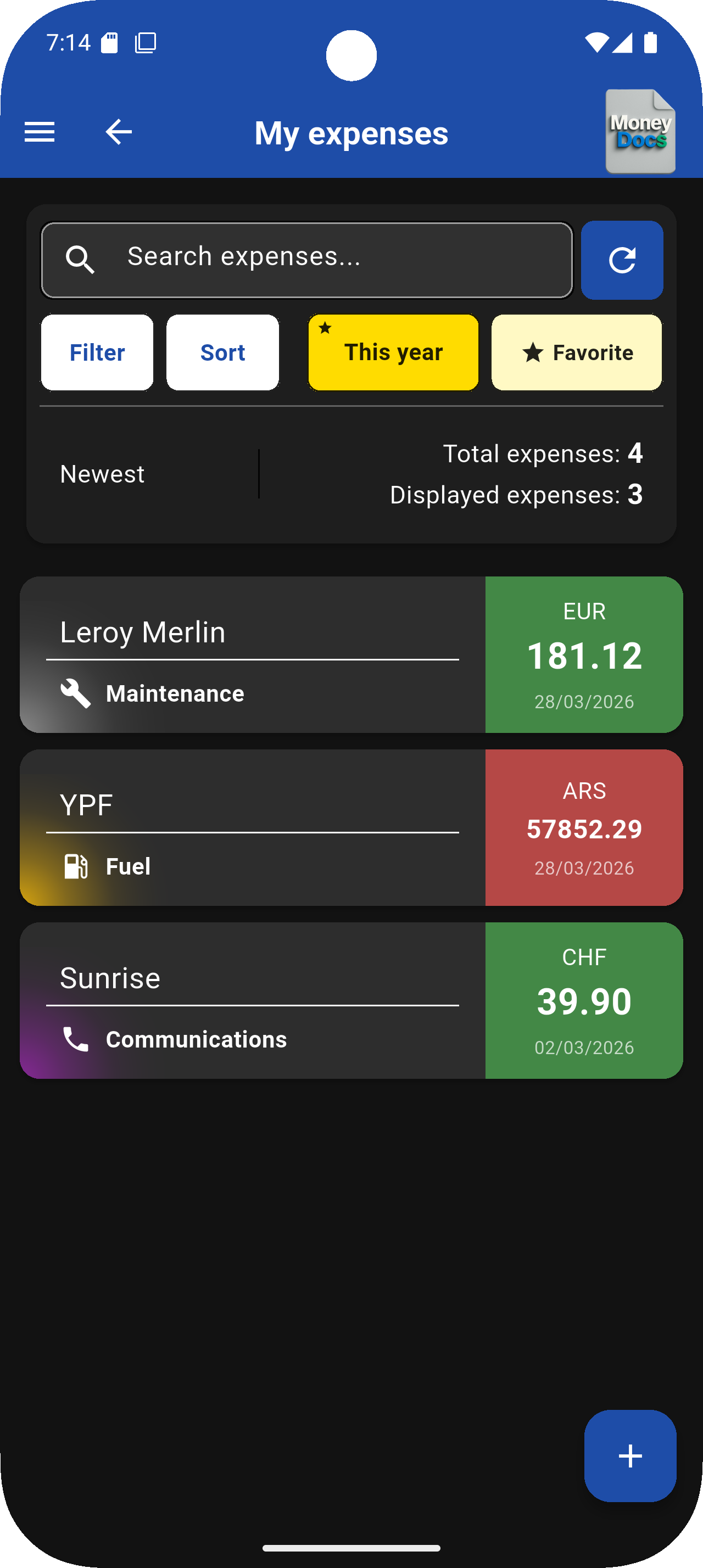 MoneyDocs — expenses screen