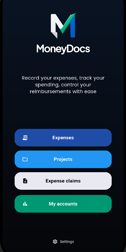MoneyDocs — home screen